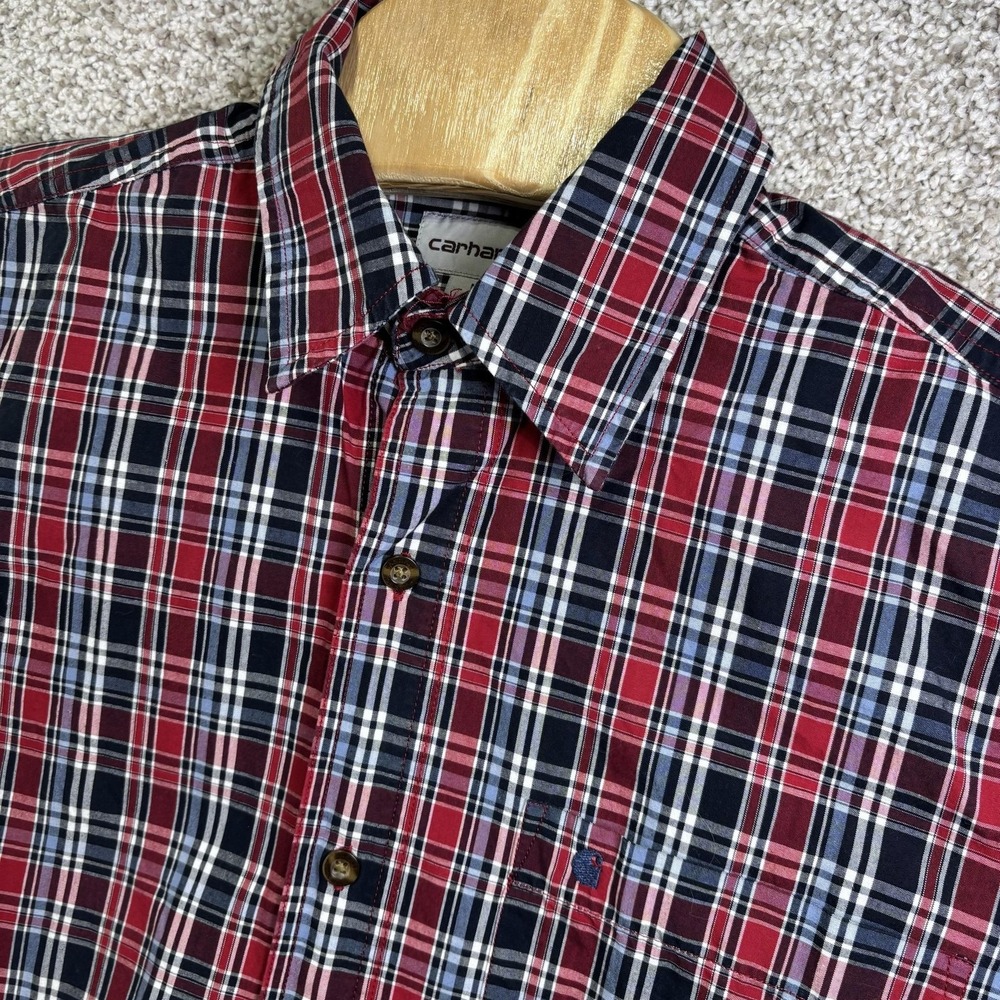 Carhartt Mens Shirt Medium Red Plaid Short Sleeve Button Up Cotton 100387 613
